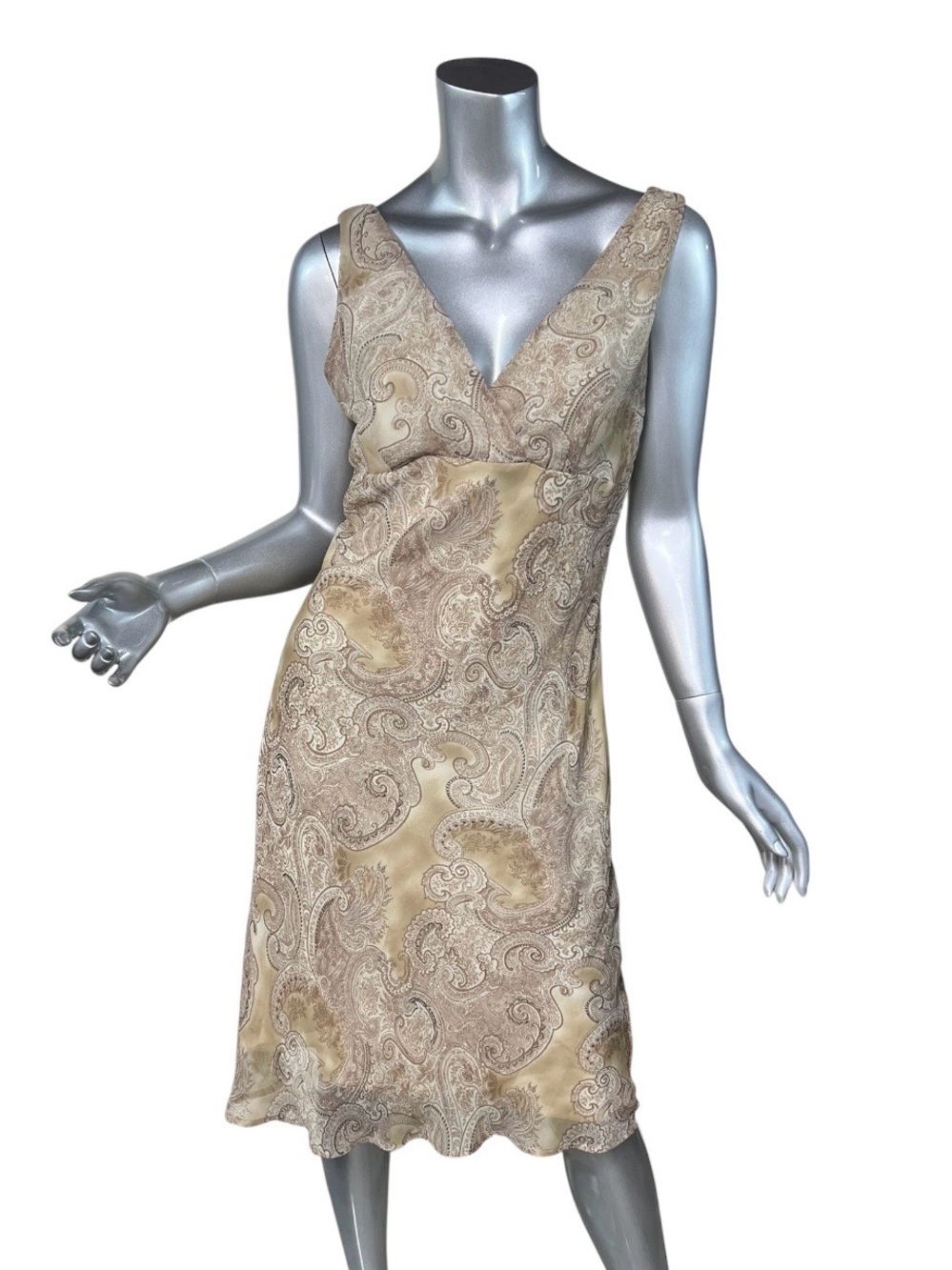 Vintage Paisley Print Sleeveless V-Neck Shift Dress Tan Beige Women’s Size 8